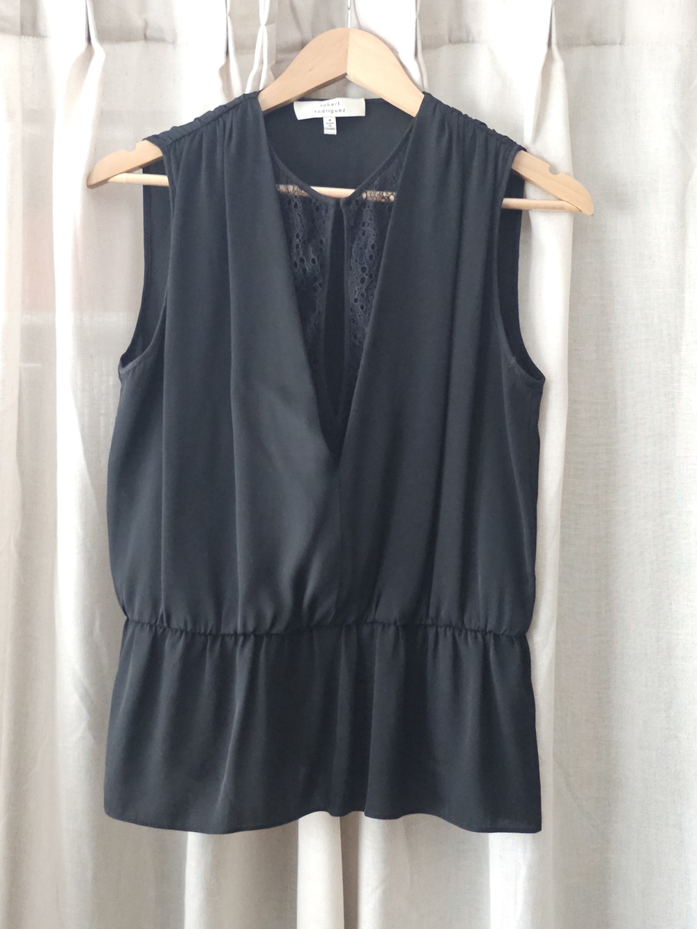 Robert Rodriguez Black Silk Sleeveless Draped Lace Peplum Blouse Top Size 4